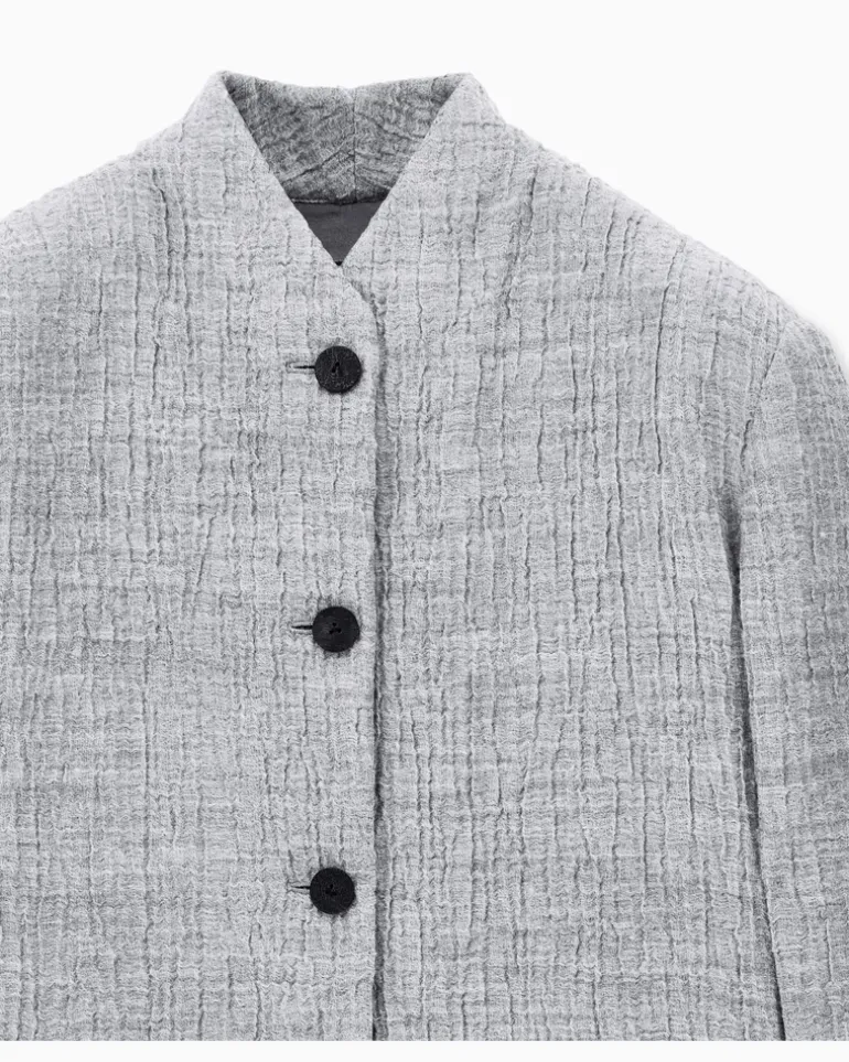 Stehkragenblazer aus Seersucker mit Schurwolle und Seide Grau