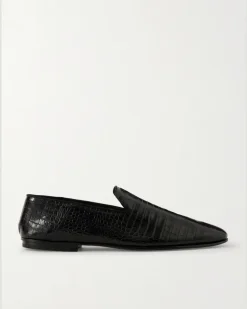 Steven Grosgrain-Trimmed Croc-Effect Leather Loafers Black