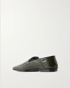 Steven Grosgrain-Trimmed Croc-Effect Leather Loafers Brown