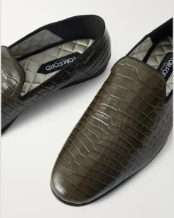 Steven Grosgrain-Trimmed Croc-Effect Leather Loafers Brown