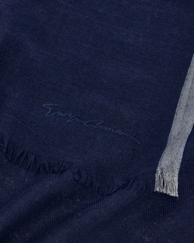 Stola aus Kaschmir mit Fischgrätmuster und feinen Fransen Blau