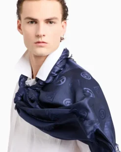 Stola aus Schurwolle und Seide mit Monogramm in Jacquard-Stoff-Verarbeitung Blau
