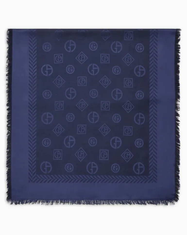 Stola aus Schurwolle und Seide mit Monogramm in Jacquard-Stoff-Verarbeitung Blau