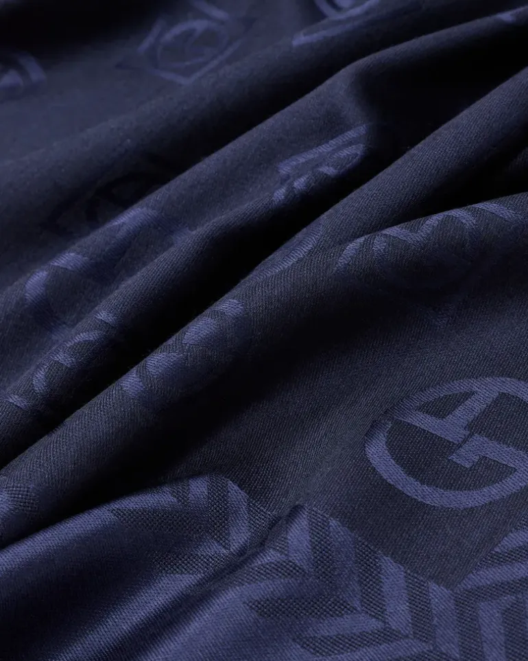 Stola aus Schurwolle und Seide mit Monogramm in Jacquard-Stoff-Verarbeitung Blau