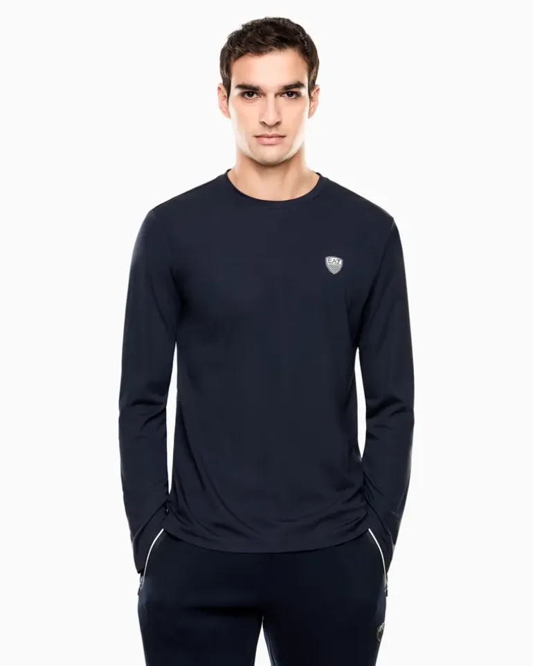 Stretchjersey Langarmshirt mit Schildlogo Premium Shield Blau