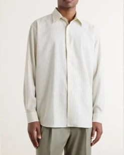 Striped Wool-Poplin Shirt Neutrals