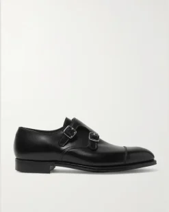 Thomas Cap-Toe Leather Monk-Strap Shoes Black