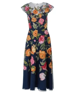 Tüllkleid mit Blumenstickerei - Blau