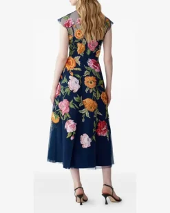 Tüllkleid mit Blumenstickerei - Blau
