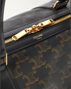 Triomphe Medium Leather-Trimmed Logo-Jacquard Canvas Weekend Bag Black