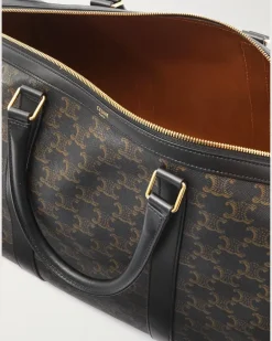 Triomphe Medium Leather-Trimmed Logo-Jacquard Canvas Weekend Bag Black