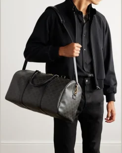 Triomphe Medium Leather-Trimmed Logo-Jacquard Canvas Weekend Bag Black