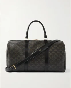 Triomphe Medium Leather-Trimmed Logo-Jacquard Canvas Weekend Bag Black