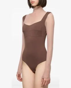 tulle-insert long-sleeve top - Braun
