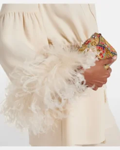 Tunika aus Cady Couture mit Federn Weiß