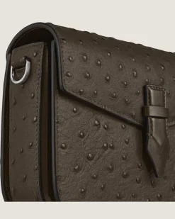 Umhängetasche mit Federdetail aus Leder mit Straußenprägung - Khaki - Leder - MB220472 - Messenger Bags