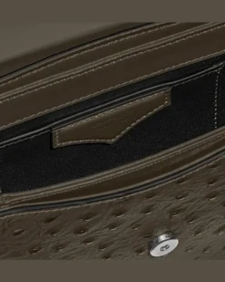 Umhängetasche mit Federdetail aus Leder mit Straußenprägung - Khaki - Leder - MB220472 - Messenger Bags