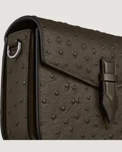 Umhängetasche mit Federdetail aus Leder mit Straußenprägung - Khaki - Leder - MB220472 - Messenger Bags