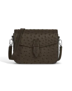 Umhängetasche mit Federdetail aus Leder mit Straußenprägung - Khaki - Leder - MB220472 - Messenger Bags
