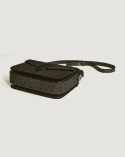 Umhängetasche mit Federdetail aus Leder mit Straußenprägung - Khaki - Leder - MB220472 - Messenger Bags