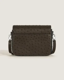 Umhängetasche mit Federdetail aus Leder mit Straußenprägung - Khaki - Leder - MB220472 - Messenger Bags