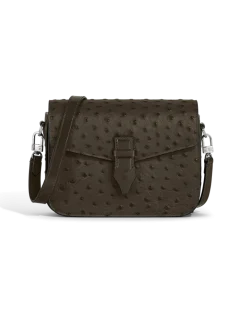 Umhängetasche mit Federdetail aus Leder mit Straußenprägung - Khaki - Leder - MB220472 - Messenger Bags