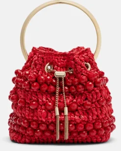 Verzierte Bucket Bag Bon Bon Small aus Raffiabast Rot