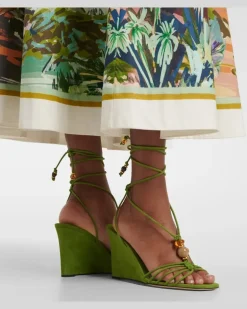 Verzierte Wedge-Sandalen Lola aus Veloursleder GrüN