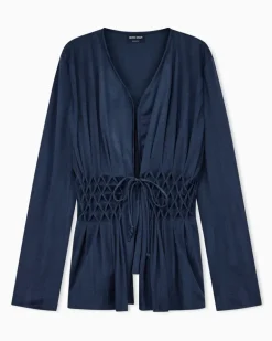 Viskose-Blazer mit gesmokter Taille und Kordelzug Blau