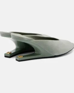 Wedge-Pantoletten aus Veloursleder GrüN