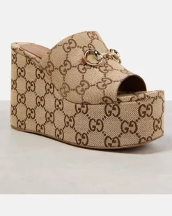 Wedge-Pantoletten Horsebit GG aus Canvas horsebit Beige