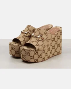 Wedge-Pantoletten Horsebit GG aus Canvas horsebit Beige
