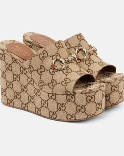 Wedge-Pantoletten Horsebit GG aus Canvas horsebit Beige