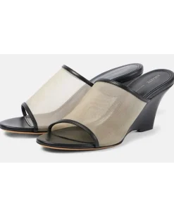 Wedge-Pantoletten Marion aus Leder und Mesh Schwarz