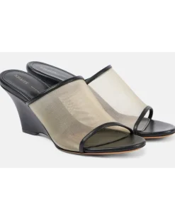 Wedge-Pantoletten Marion aus Leder und Mesh Schwarz