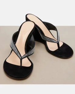 Wedge-Sandalen aus Veloursleder mit Kristallen Schwarz