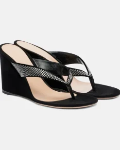 Wedge-Sandalen aus Veloursleder mit Kristallen Schwarz