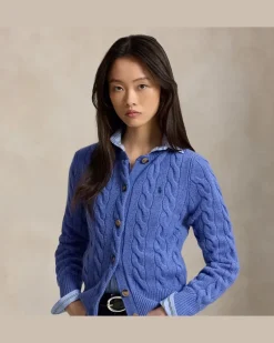 Woll-Kaschmirstrickjacke mit Zopfmuster Blue