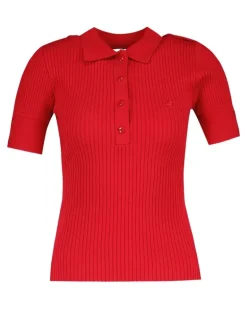 Women Ribbed Cotton Polo Red