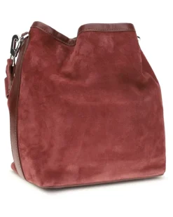 Women's Alpha Bucket Bag Suede Calf Carmine Burgundy Leather Bos Taurus Red