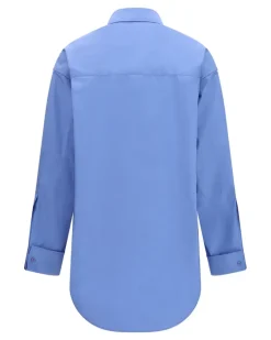 Women's Asymmetric Long-Sleeve Shirt Light Blue Cotton; Silk
