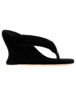 Women's Black Velvet Thong Wedge Sandali Sandal