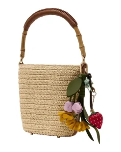 Women's Charm-Adorned Raffia Bucket Bag Beige
