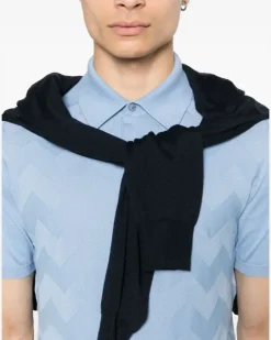 Women's Chevron-Detail Fine Ribbed Polo Shirt Ss24 Blue