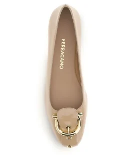 Women's Gancini Ballerinas Pain Amaretti Calf Leather Bos Taurus Flat Shoes Beige