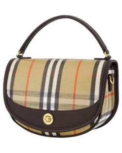 Women's Plaid Canvas Top Handle Bag Beige Cotton