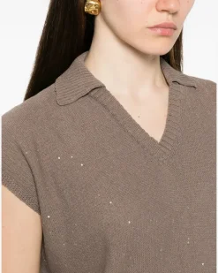 Women's Sequin-Embellished V-Neck Top Ss26 W Taupe
