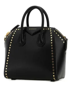 Women's Studded Leather Top Handle Bag Black Calf