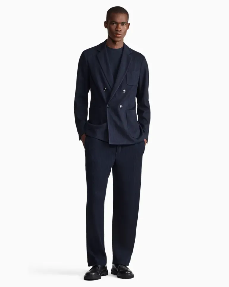 Zweireihiger Regular Fit Blazer aus Jersey-Seersucker Marineblau